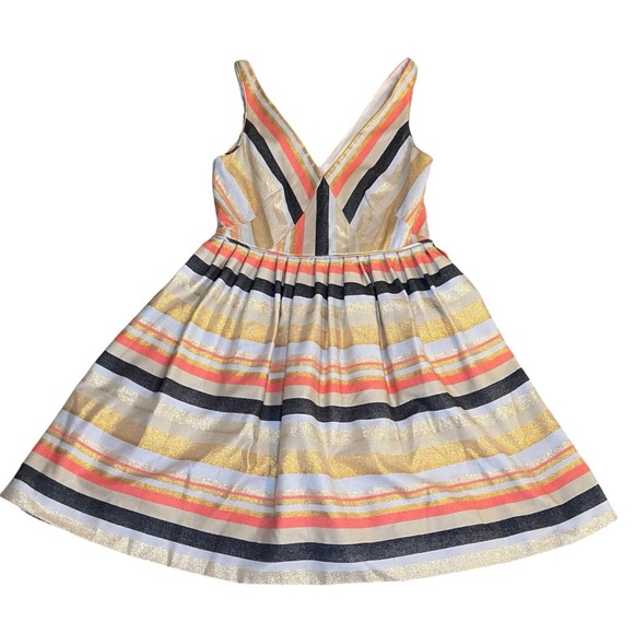 J Crew Cotton Blend Gold Metallic Denim Stripe Party Dress with Pockets - Picture 1 of 7